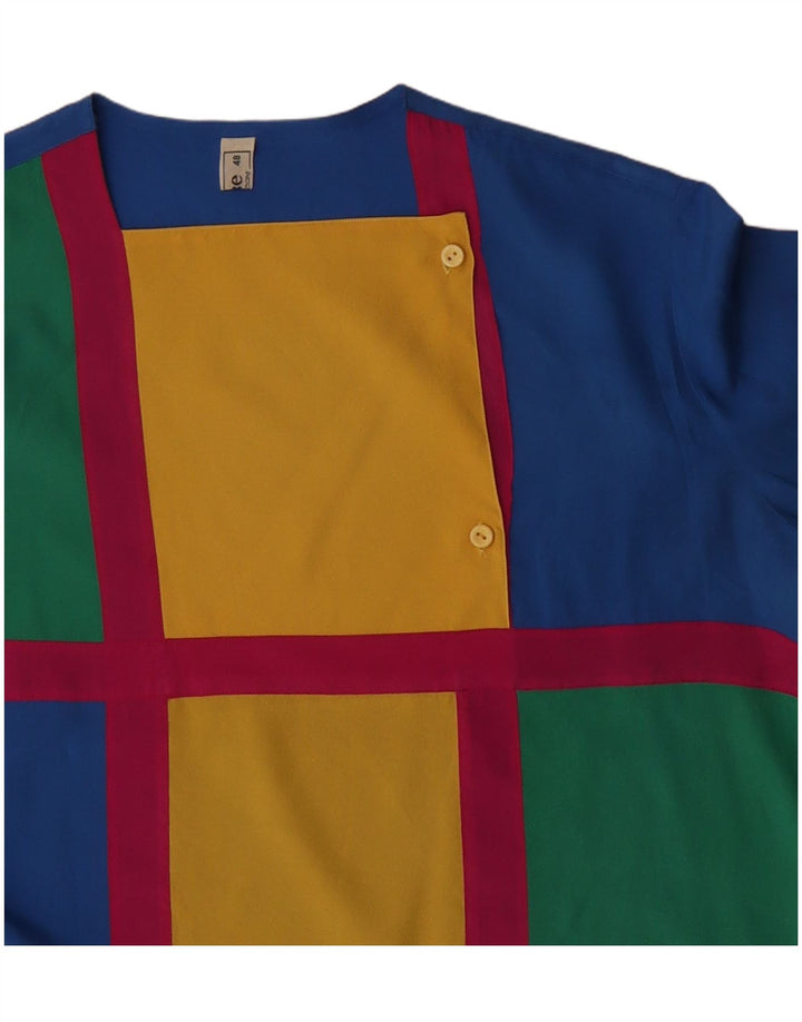 Vintage Dame Langærmet Bluse Top IT 48 XL Blå Colourblock Polyester