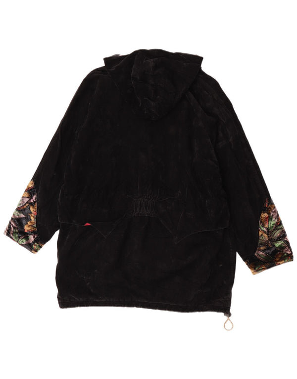 Vintage Dame Oversized Hooded Parka Jacket UK 14 Large Black Floral