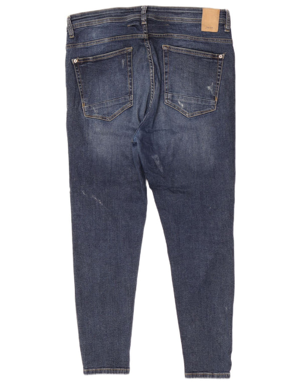 Zara Herre Distressed Cropped Skinny Jeans EU 44 Large W34 L26 Blå Bomuld