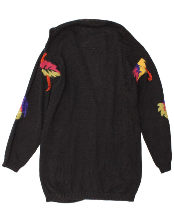 Vintage Dame Longline Cardigan Sweater UK 14 Medium Black Floral Novelty