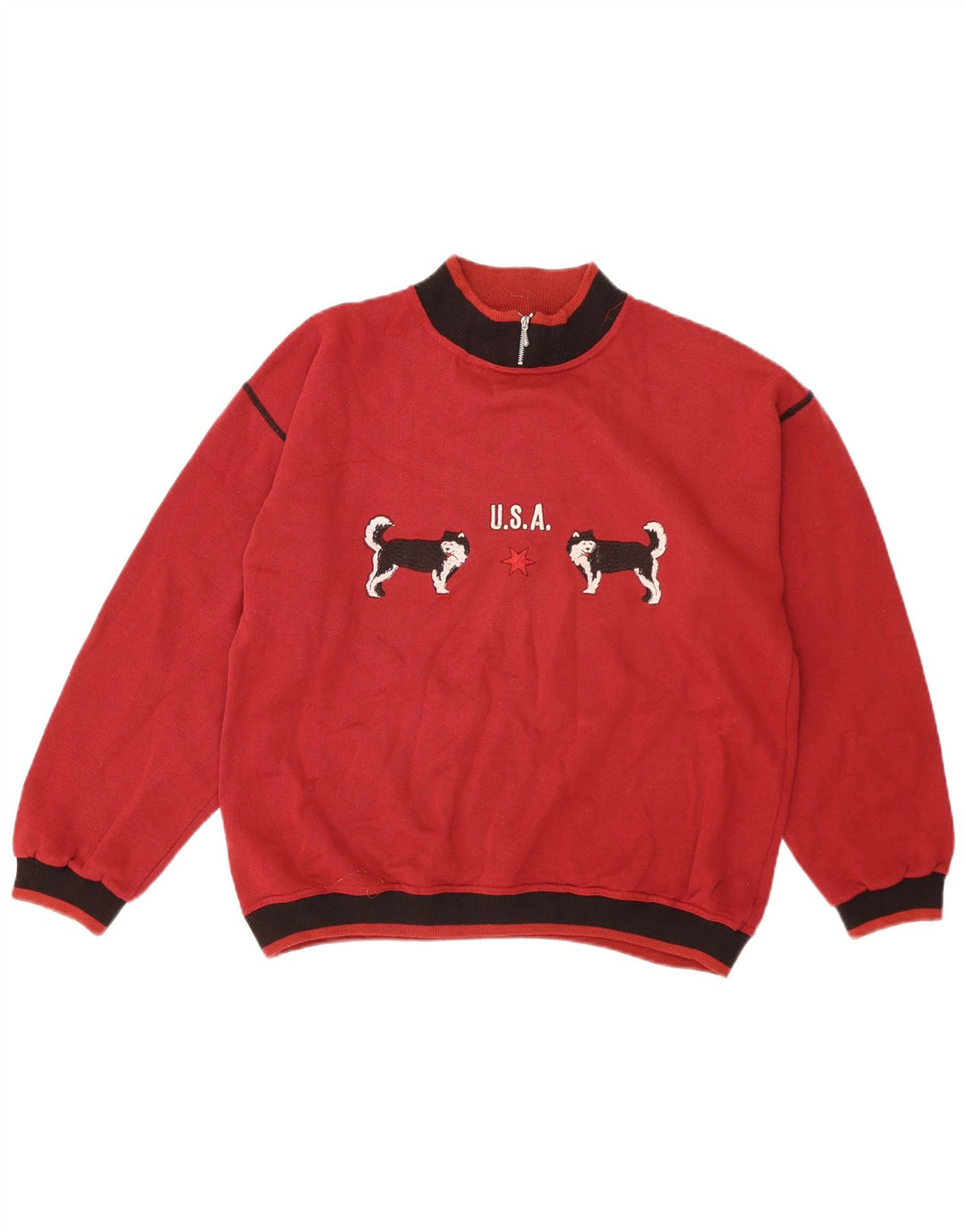 Vintage Herre grafisk sweatshirt Jumper Medium Rød Colourblock Bomuld
