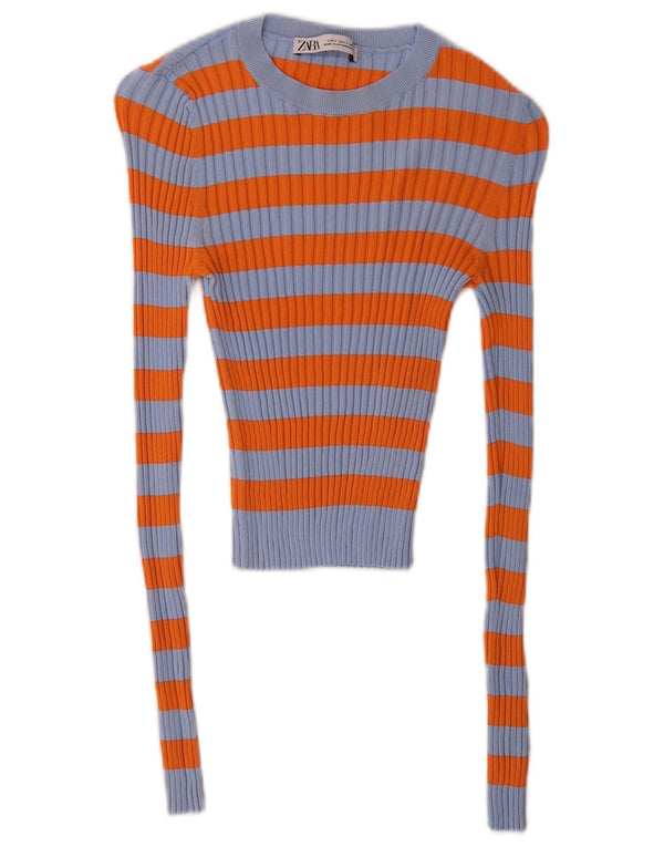 Zara Womens Crop Boat Neck Jumper Sweater UK 10 Small Orange Striped