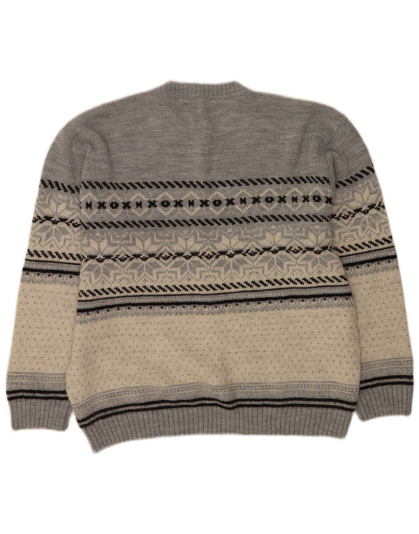 Vintage Herre Crew Neck Jumper Sweater Medium Grey Fair Isle Akryl
