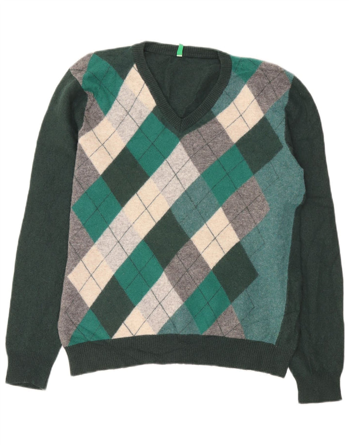 Benetton Dame V-hals sweater UK 14 Medium Green Argyle/Diamond