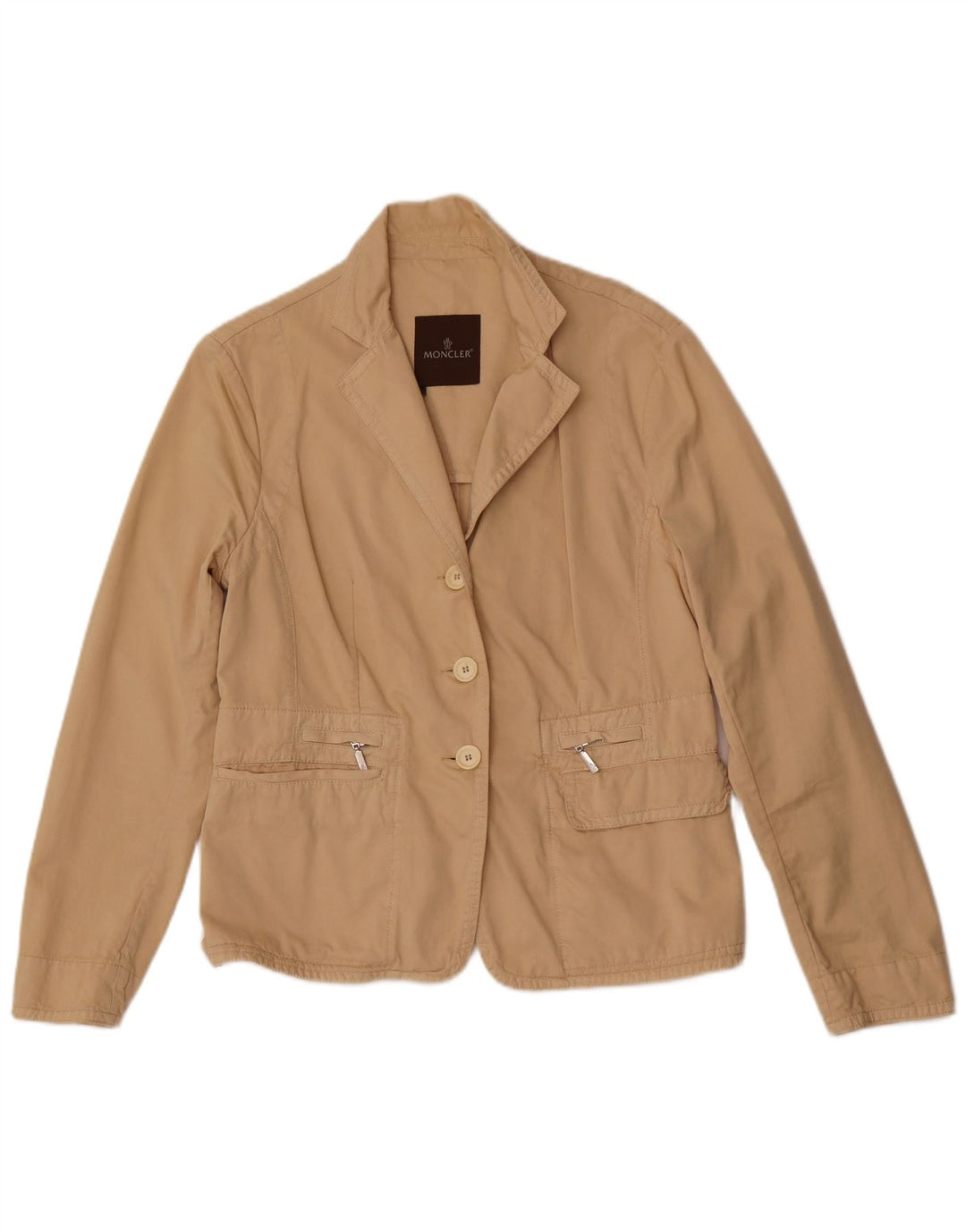 Moncler Womens Oversized 3 Button Blazer Jacket US 4 Small Beige Bomuld