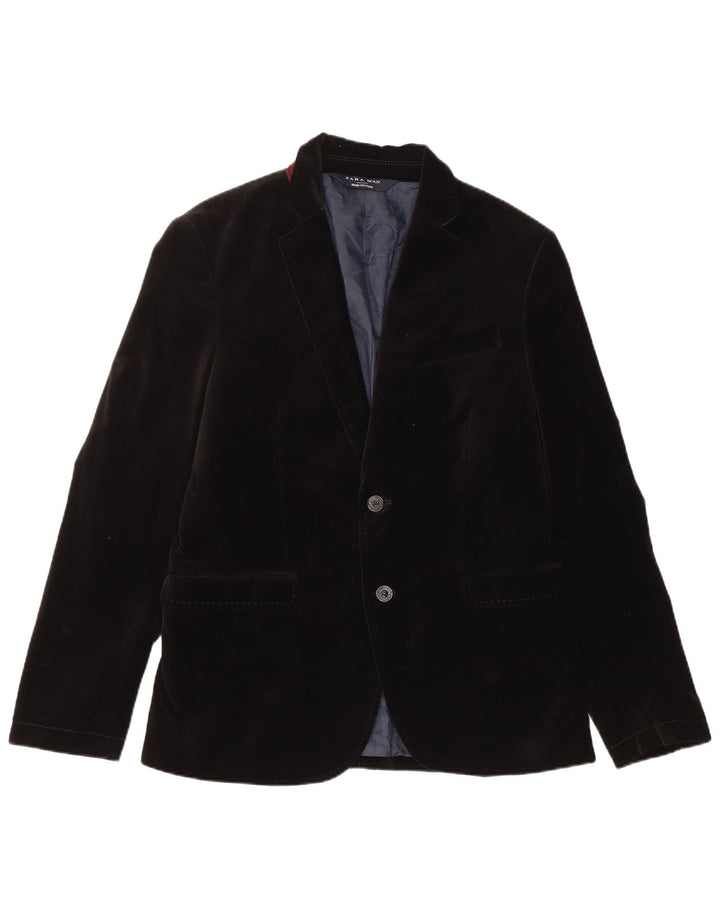 Zara Herre 2 Button Velvet Blazer Jacket EU 50 Medium Black Bomuld