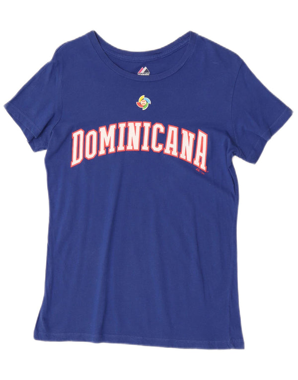 Majestic Womens Dominicana Grafisk T-Shirt Top UK 14 Stor Blå Bomuld