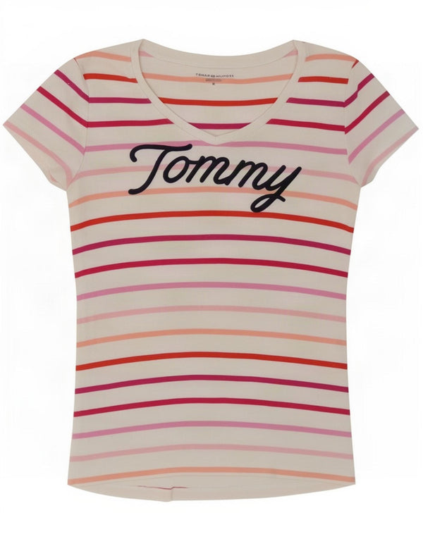 Tommy Hilfiger Dame Grafisk T-Shirt Top UK 14 Medium Hvid Stribet Bomuld