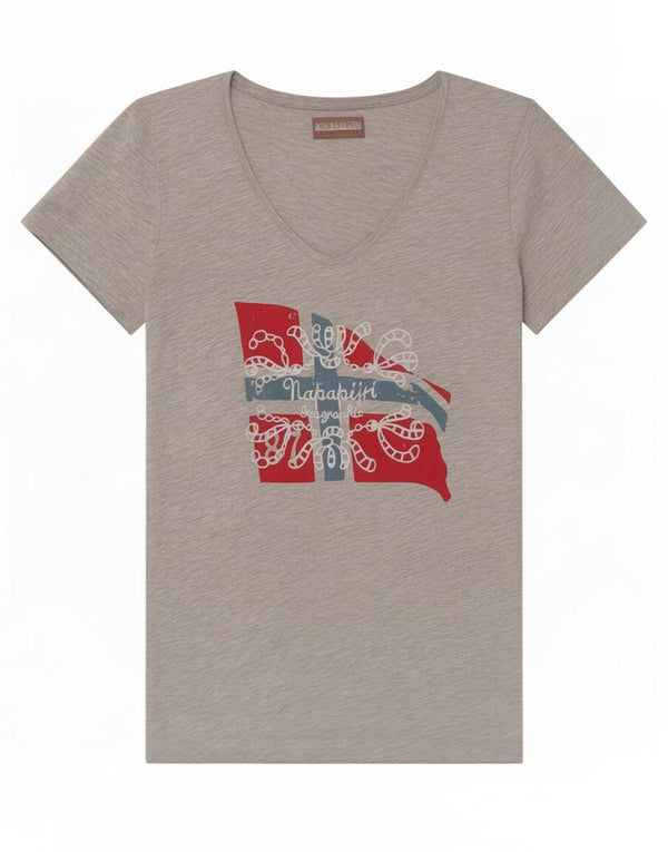 Napapijri Womens Geographic Graphic T-Shirt Top UK 10 Small Grey Flecked