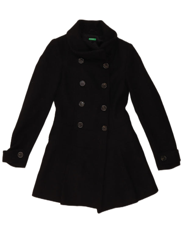 Benetton Womens Double Breasted Coat IT 40 Small Black Wool