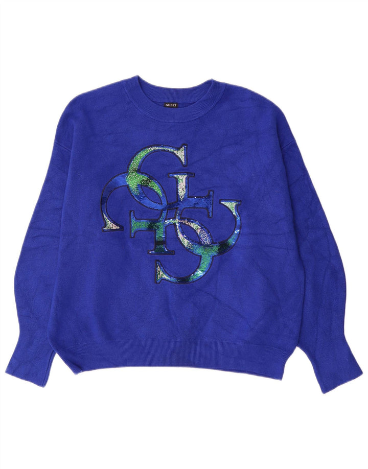 Guess grafisk sweater med rund hals til kvinder UK 14 Medium Blue