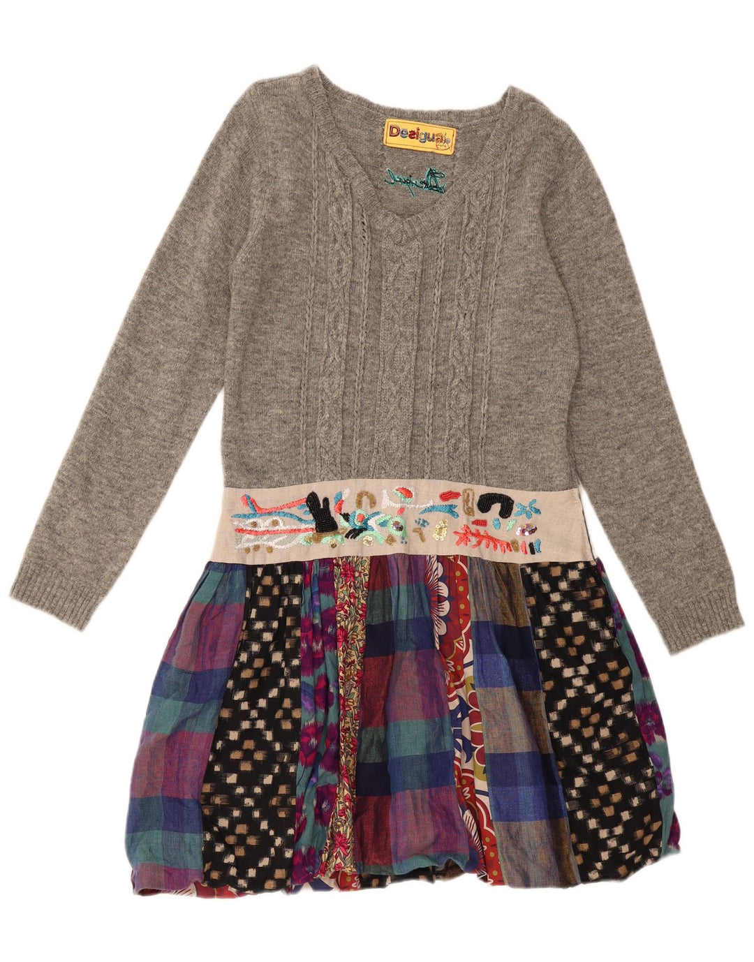 DESIGUAL Dame Langærmet Jumper Kjole EU 44 XL Grå Patchwork Linned