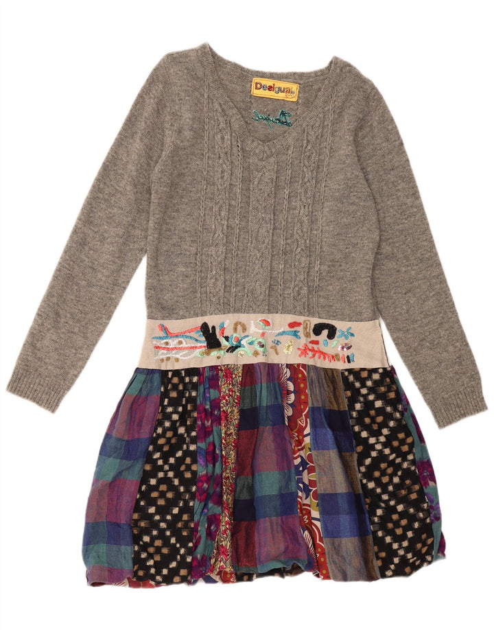 DESIGUAL Dame Langærmet Jumper Kjole EU 44 XL Grå Patchwork Linned