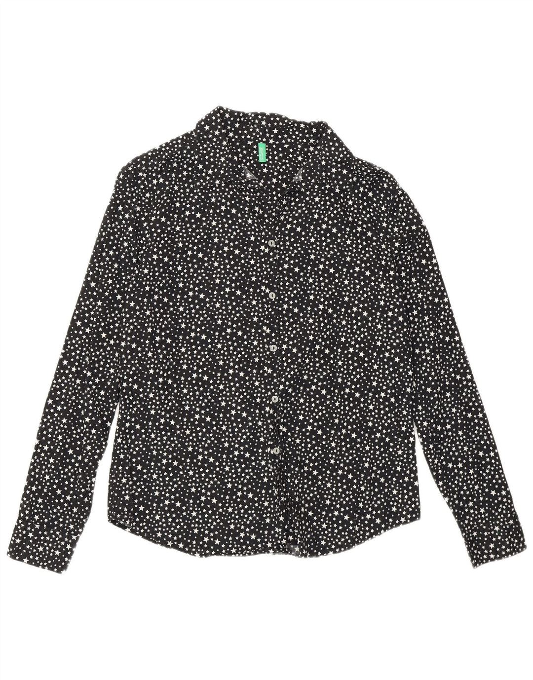 Benetton Dame Loose Fit abstrakt mønster skjorte UK 10 Small Black Bomuld