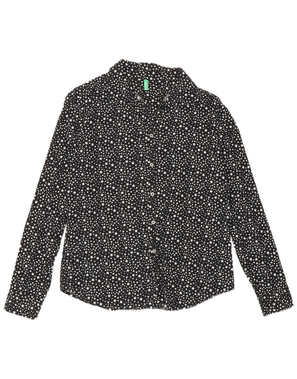 Benetton Dame Loose Fit abstrakt mønster skjorte UK 10 Small Black Bomuld