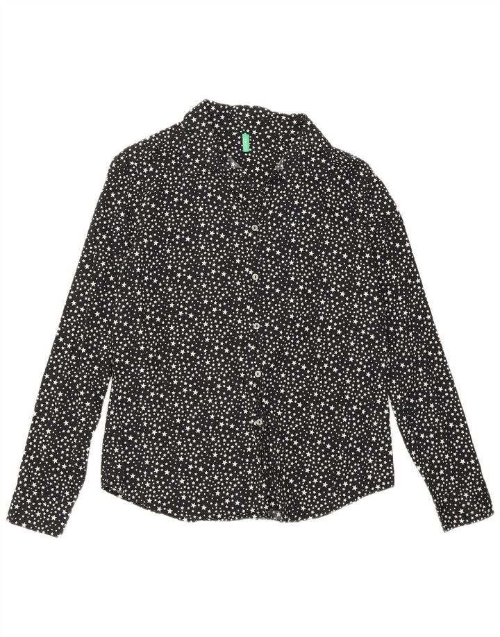 Benetton Dame Loose Fit abstrakt mønster skjorte UK 10 Small Black Bomuld