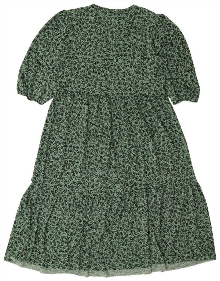ZARA Dame A-Line Kjole UK 14 Medium Grøn Blomster Polyester