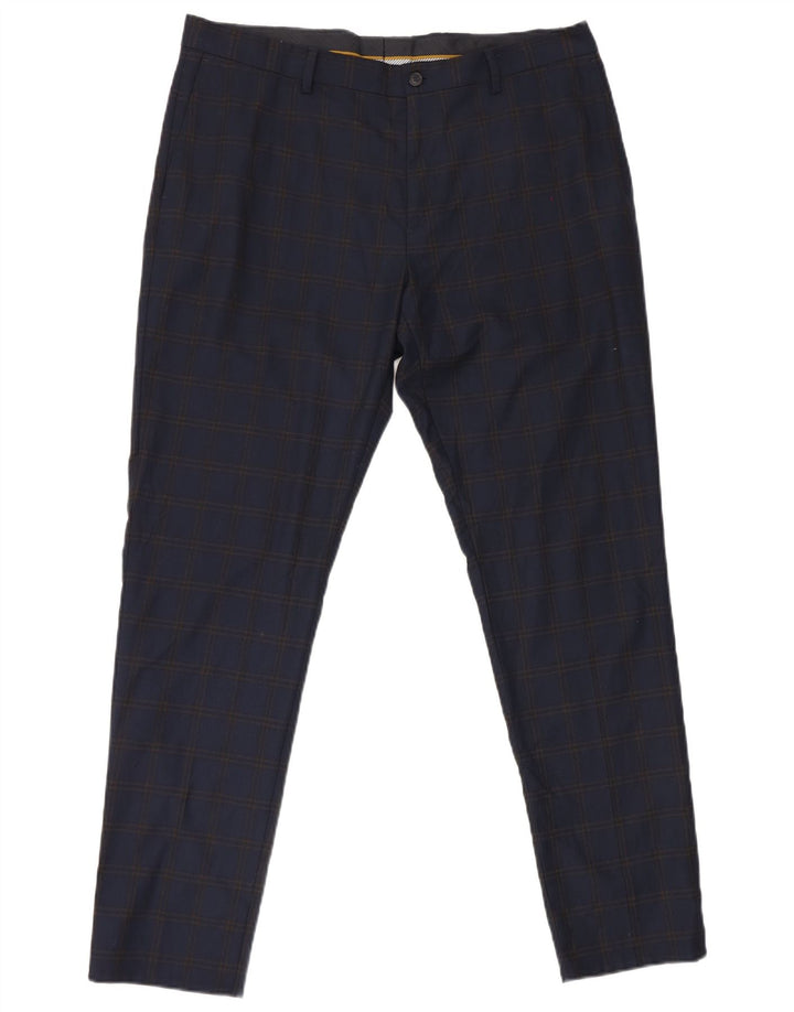 Zara Herre Slim Suit Bukser EU 46 XL W36 L32 Marineblå ternet polyester