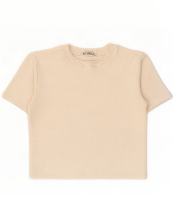 Zara Womens Crop T-Shirt Top UK 10 Small Off White Viscose