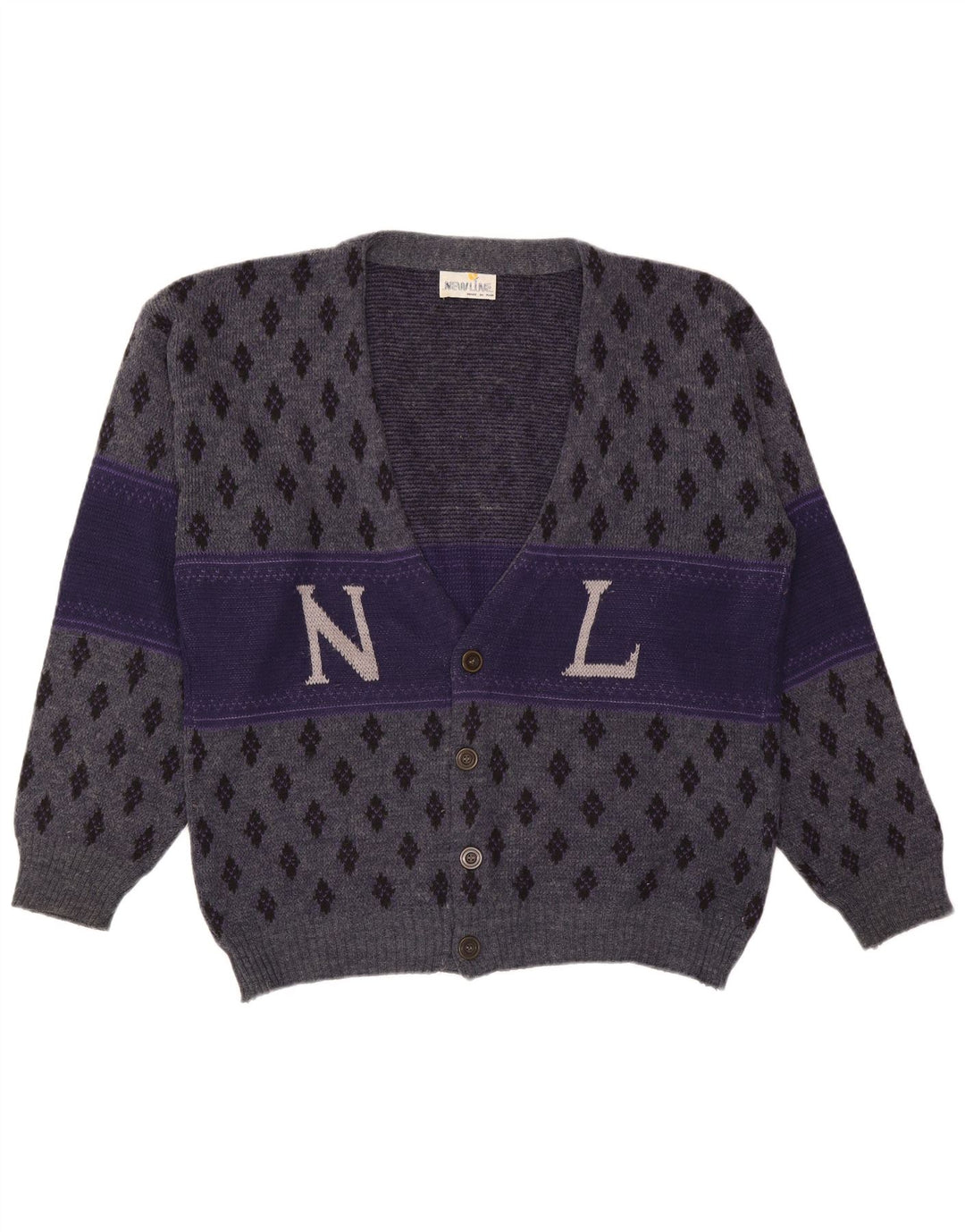 Vintage herre grafisk cardigan sweater XL marineblå Argyle/Diamond