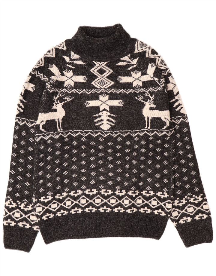 Aton Herre Turtle Neck Jumper Sweater Medium Black Fair Isle Christmas