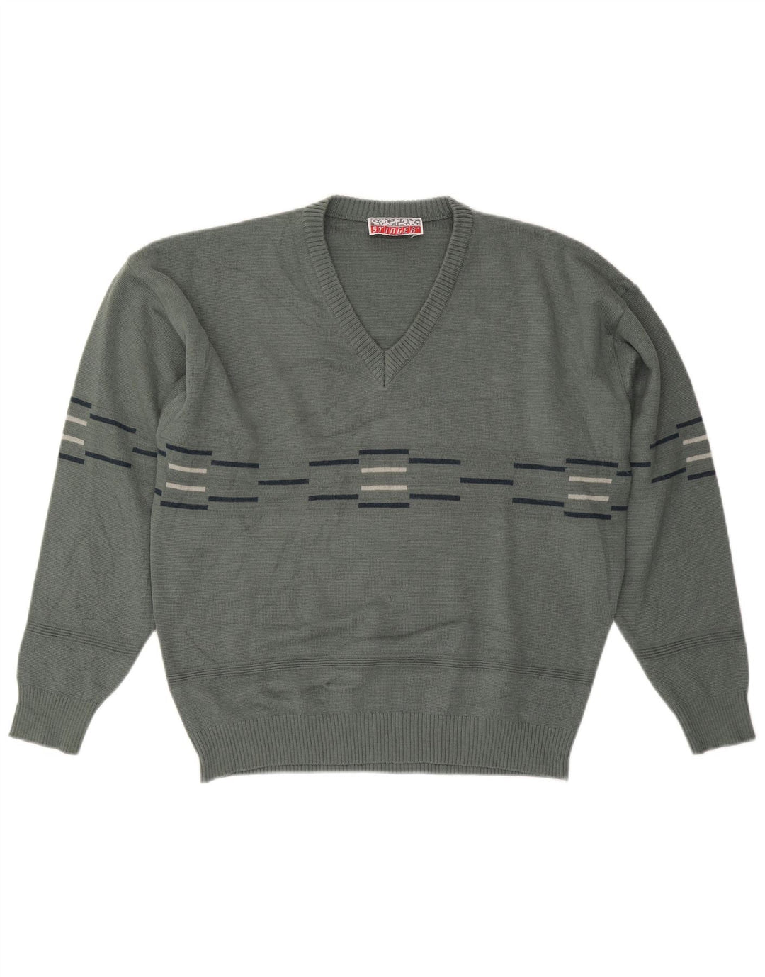 VINTAGE Herre V-hals sweater Stor grå stribet