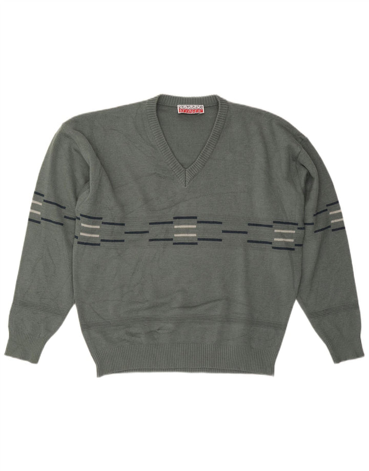 VINTAGE Herre V-hals sweater Stor grå stribet