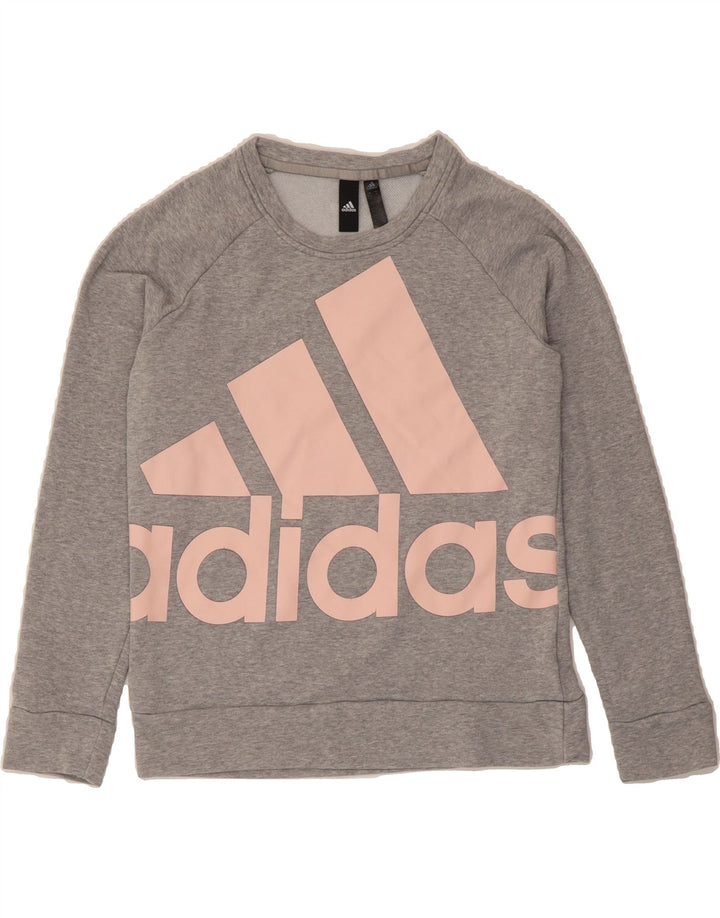 ADIDAS Womens Graphic Sweatshirt Jumper UK 12/14 Medium Grey Cotton Vintage Adidas and Second-Hand Adidas from Messina Hembry 