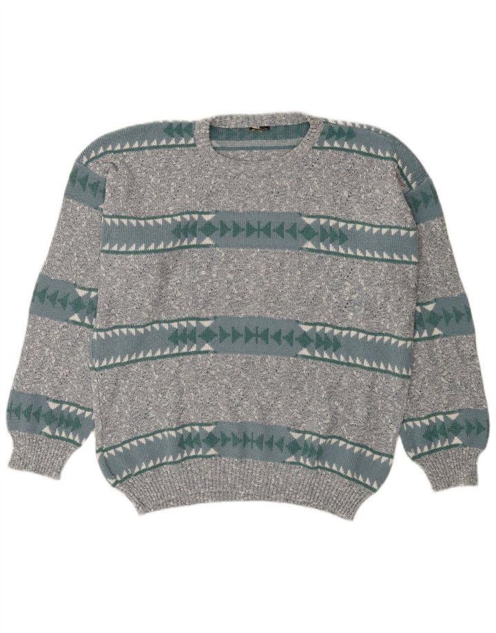 Vintage mænd med rund hals sweater IT 50 mellemgrå geometrisk bomuld