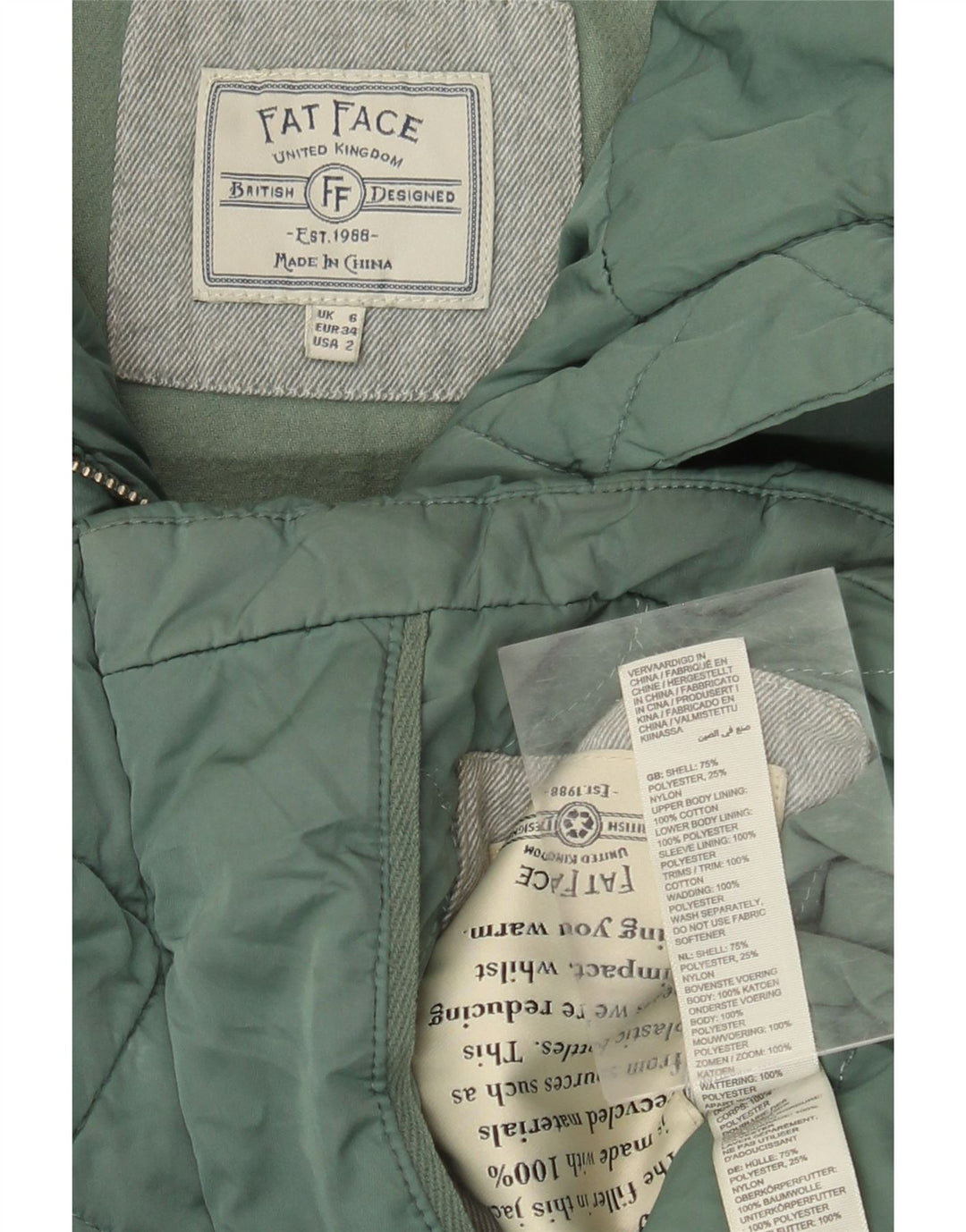 FAT FACE Dame Oversized polstret jakke UK 6 XS Grøn polyester