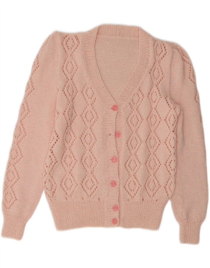 VINTAGE Dame Cardigan Sweater UK 10 Small Pink Argyle/Diamond