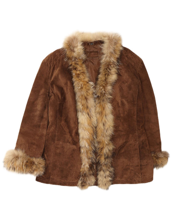 VINTAGE Dame åben ruskindsjakke IT 46 Stor brunt læder