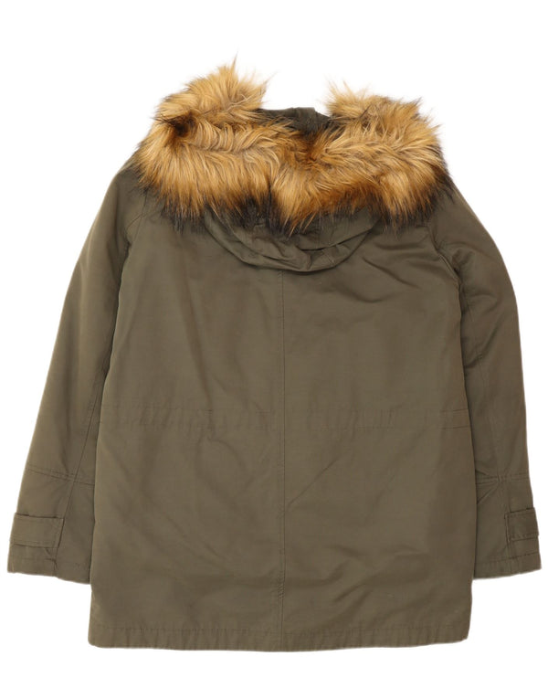 Zara Dame Hætte Oversized Parka Jacket UK 10 Small Khaki Polyester