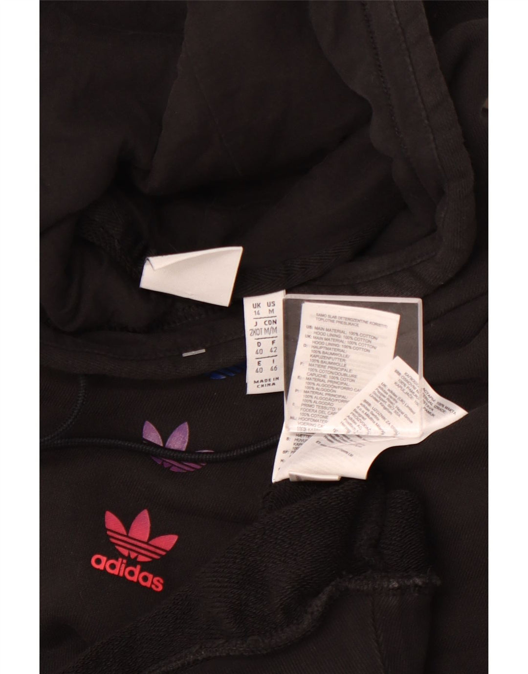 ADIDAS Dame Loose Fit Grafisk Hoodie Jumper UK 14 Stor sort bomuld