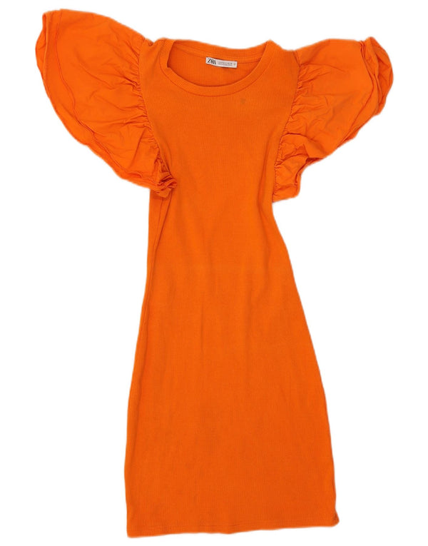 Zara Dame T-Shirt Kjole UK 8 Small Orange Bomuld