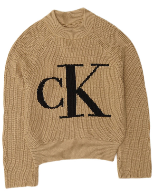 Calvin Klein Jeans Womens Graphic Turtle Neck Jumper Sweater UK 6 XS Beige