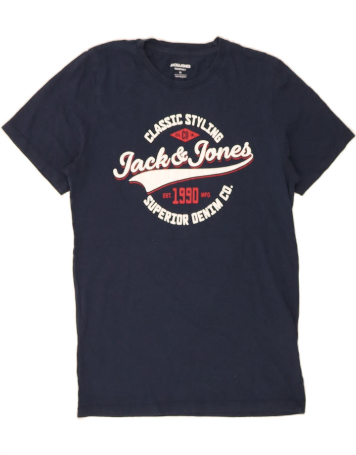JACK & JONES Mens Graphic T-Shirt Top Medium Navy Blue Cotton Vintage Jack & Jones and Second-Hand Jack & Jones from Messina Hembry 