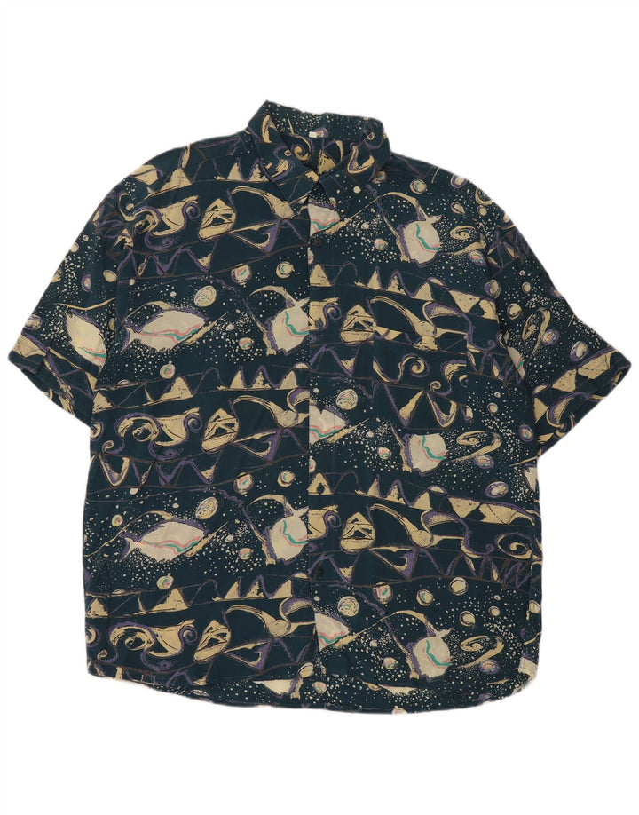 Vintage herre abstrakt mønster kortærmet skjorte XL blå viskose retro