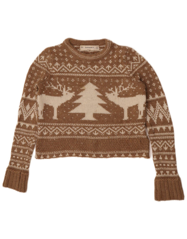 Zara Womens Crop Crew Neck Jumper Sweater UK 10 Small Brown Fair Isle Wool