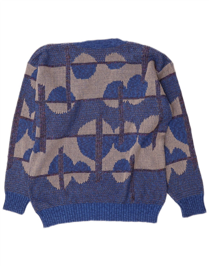 Vintage Herre V-hals sweater IT 50 Medium Blue Geometrisk Bomuld