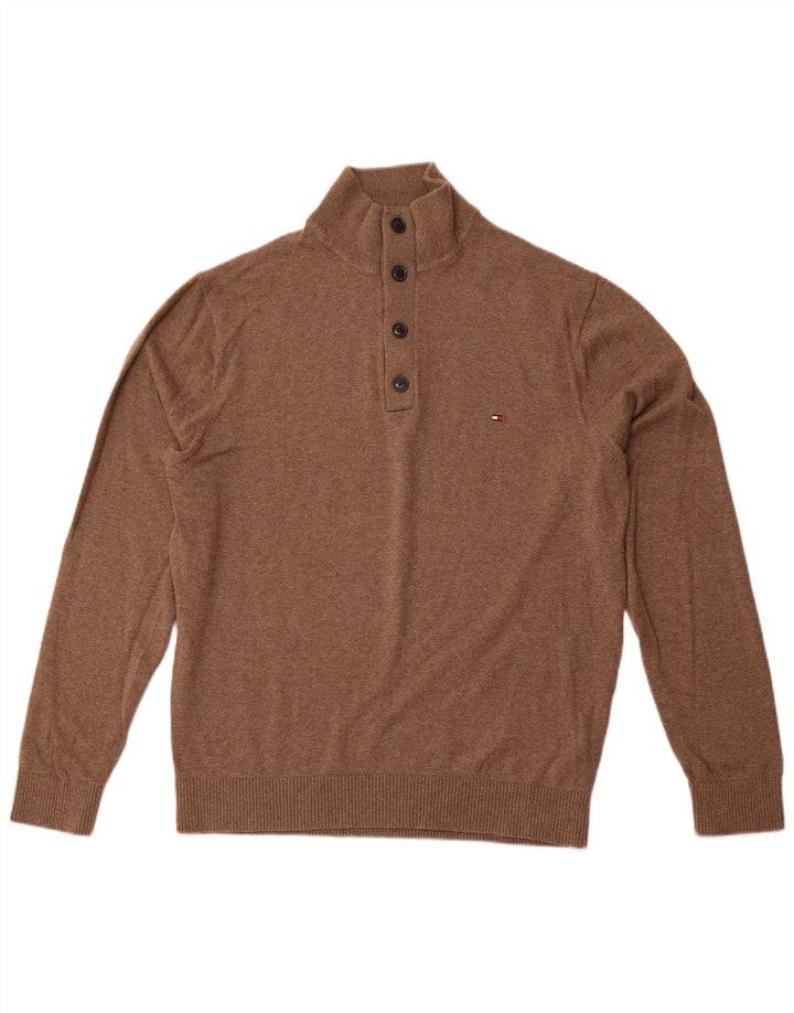 TOMMY HILFIGER Herre Button Neck Jumper Sweater 2XL Brun Bomuld