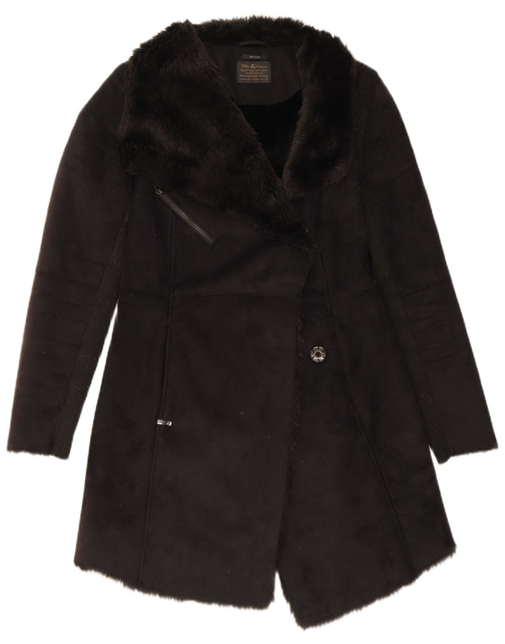 IKKS Womens Sherpa Overcoat UK 12 Medium Black Modal