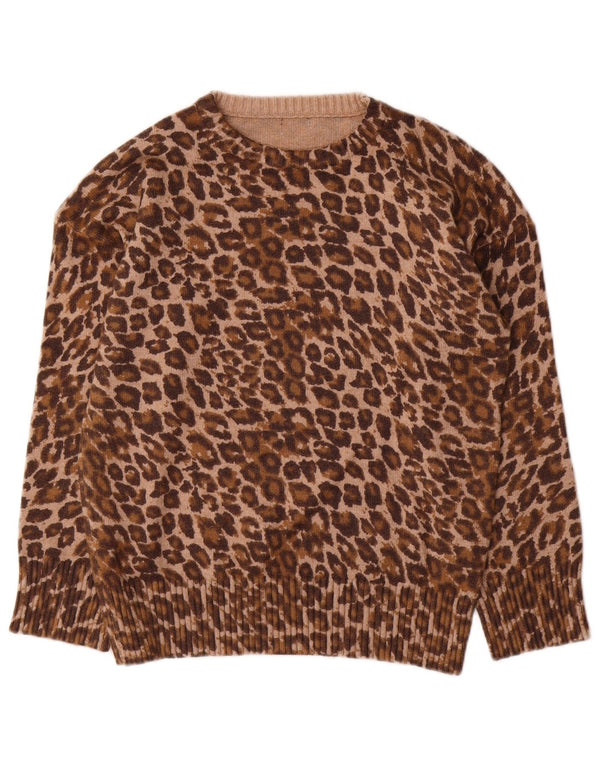 Vintage dame sweater med rund hals DK 12 medium brun dyreprint