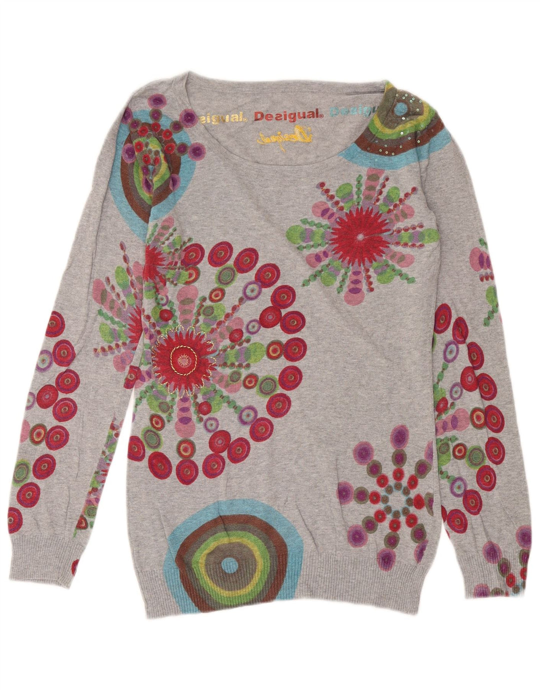 Desigual Dame Boat Neck Jumper Sweater UK 14 Medium Grå Geometrisk