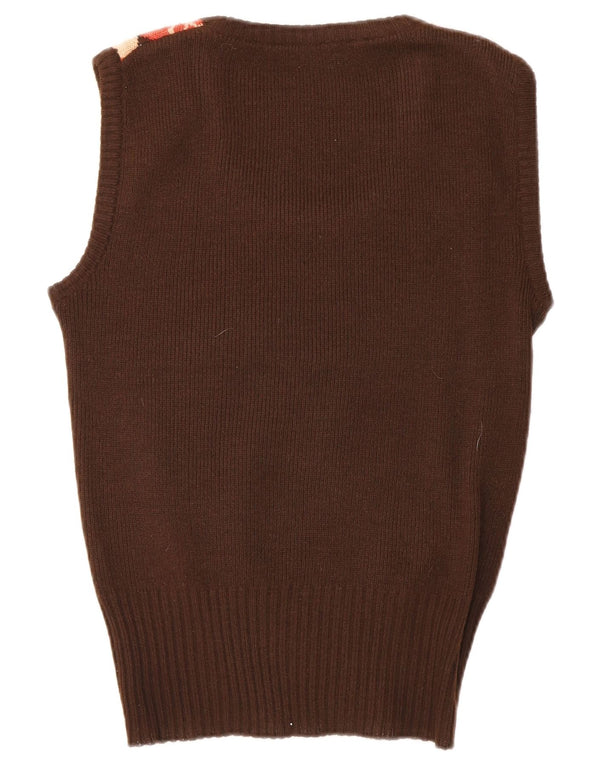 Vintage Dame Vest Tank Top UK 10 Small Brown Argyle/Diamond