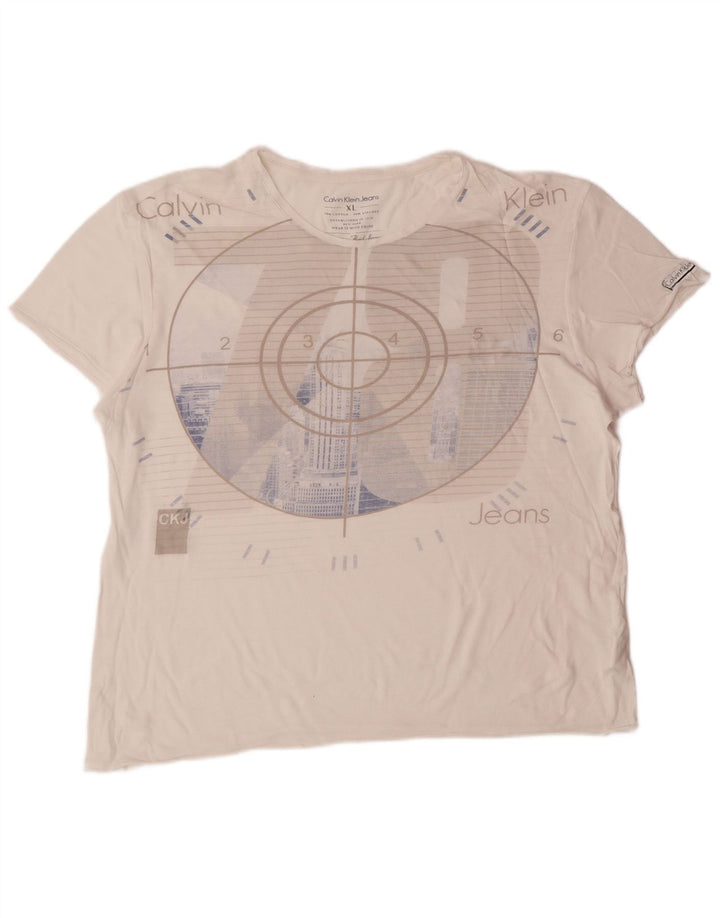 CALVIN KLEIN JEANS Grafisk T-shirt top til kvinder UK 18 XL Hvid bomuld