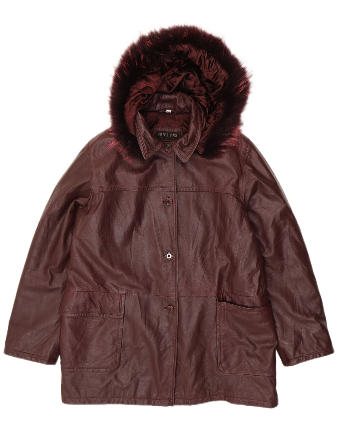 Vintage læderfrakke med hætte til kvinder i overstørrelse IT 50 XL rødbrun læder