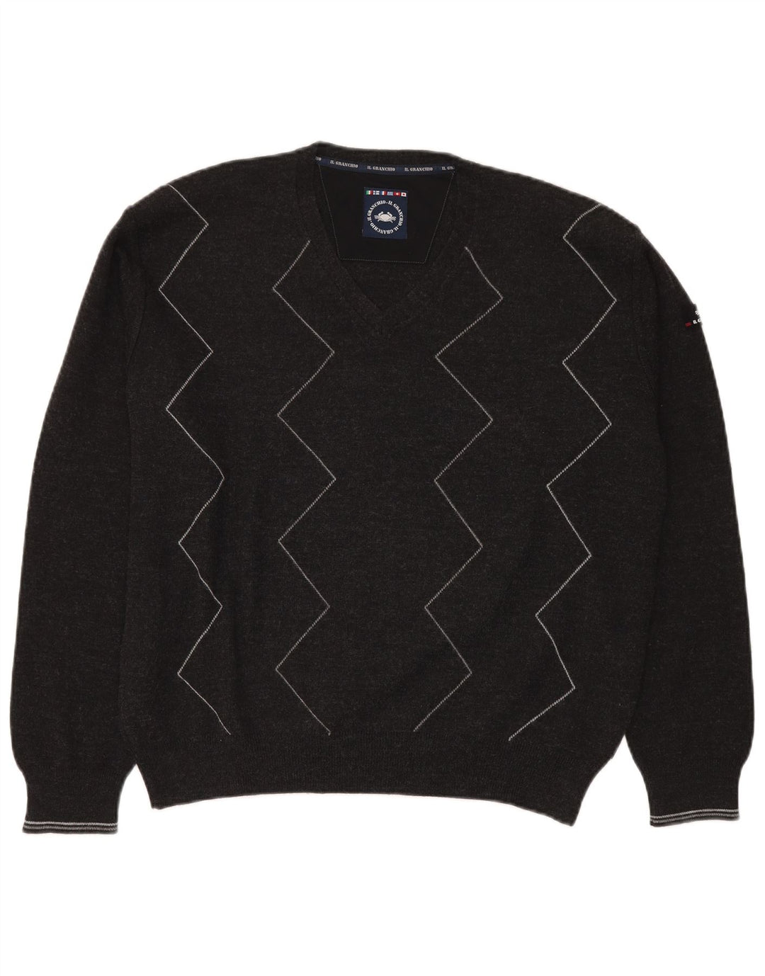 Il Granchio Herre V-hals sweater Stor Grå Geometrisk Ny Uld