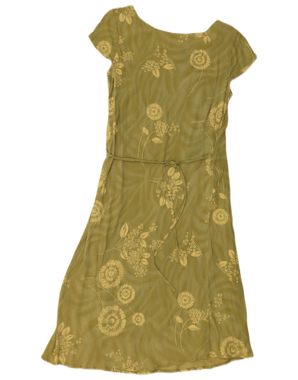 Vintage Kvinder A-Line Kjole UK 14 Stor Khaki Floral Viscose