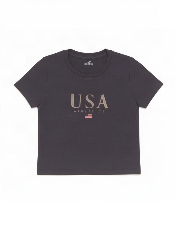 Hollister Womens Crop Graphic T-Shirt Top UK 10 Small Grey Bomuld